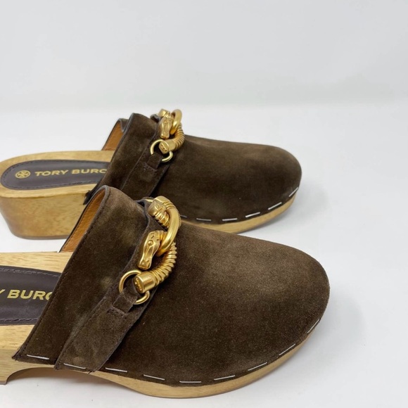 Tory Burch Womens 8 Brown Jessa Suede Horse Bit Clogs Cold Brew Leather Platform - Picture 2 of 9